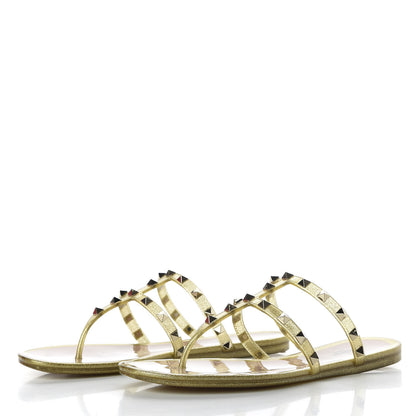 Valentino Garavani PVC Jelly Glitter Rockstud Caged Flat Thong Sandals 40 Oro 3 of 9