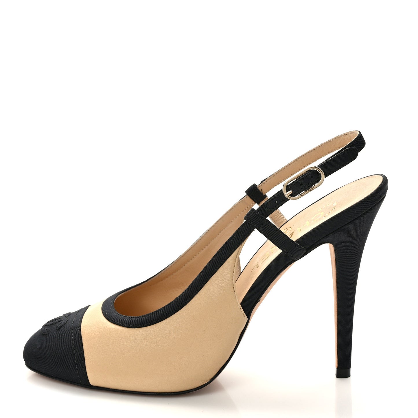 Lambskin Grosgrain Cap Toe CC Slingback Pumps 39 Beige Black