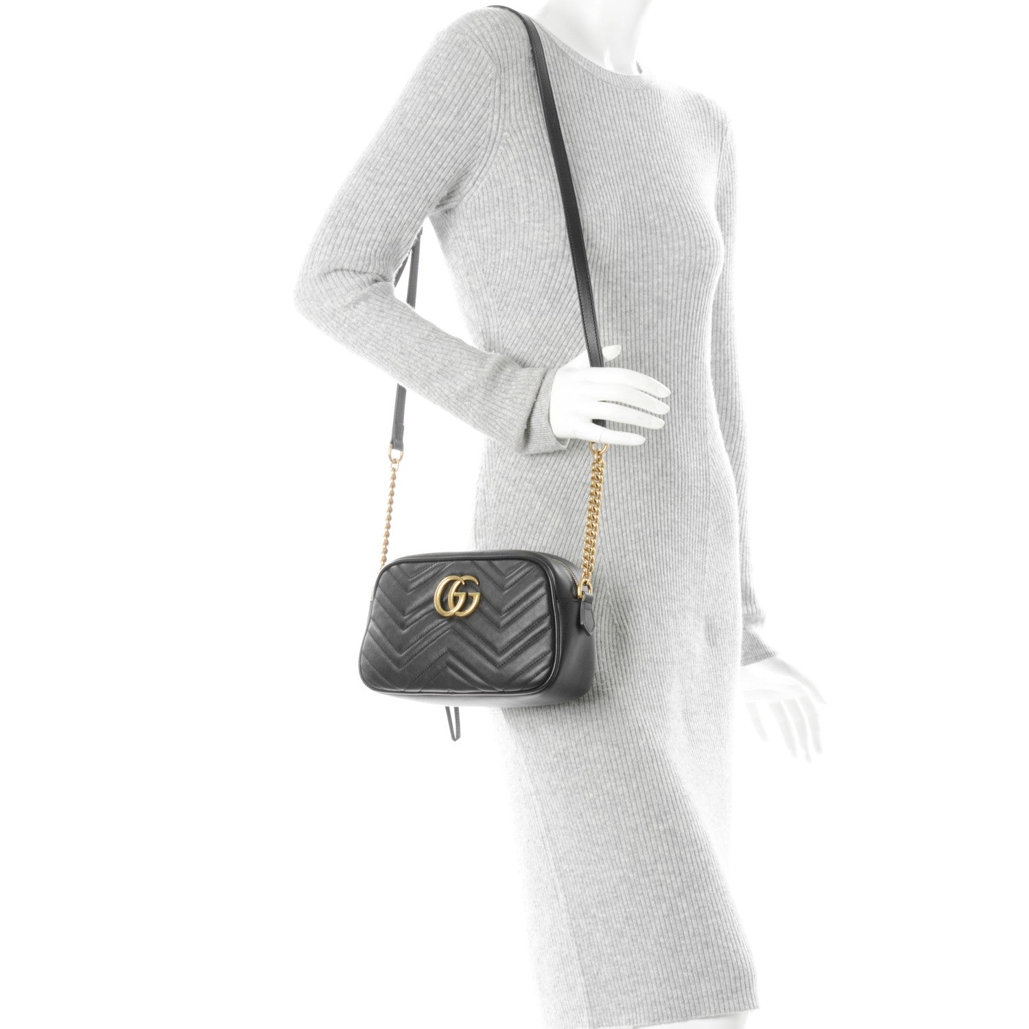 Gucci Calfskin Matelasse Small GG Marmont Chain Shoulder Bag Black 2 of 7