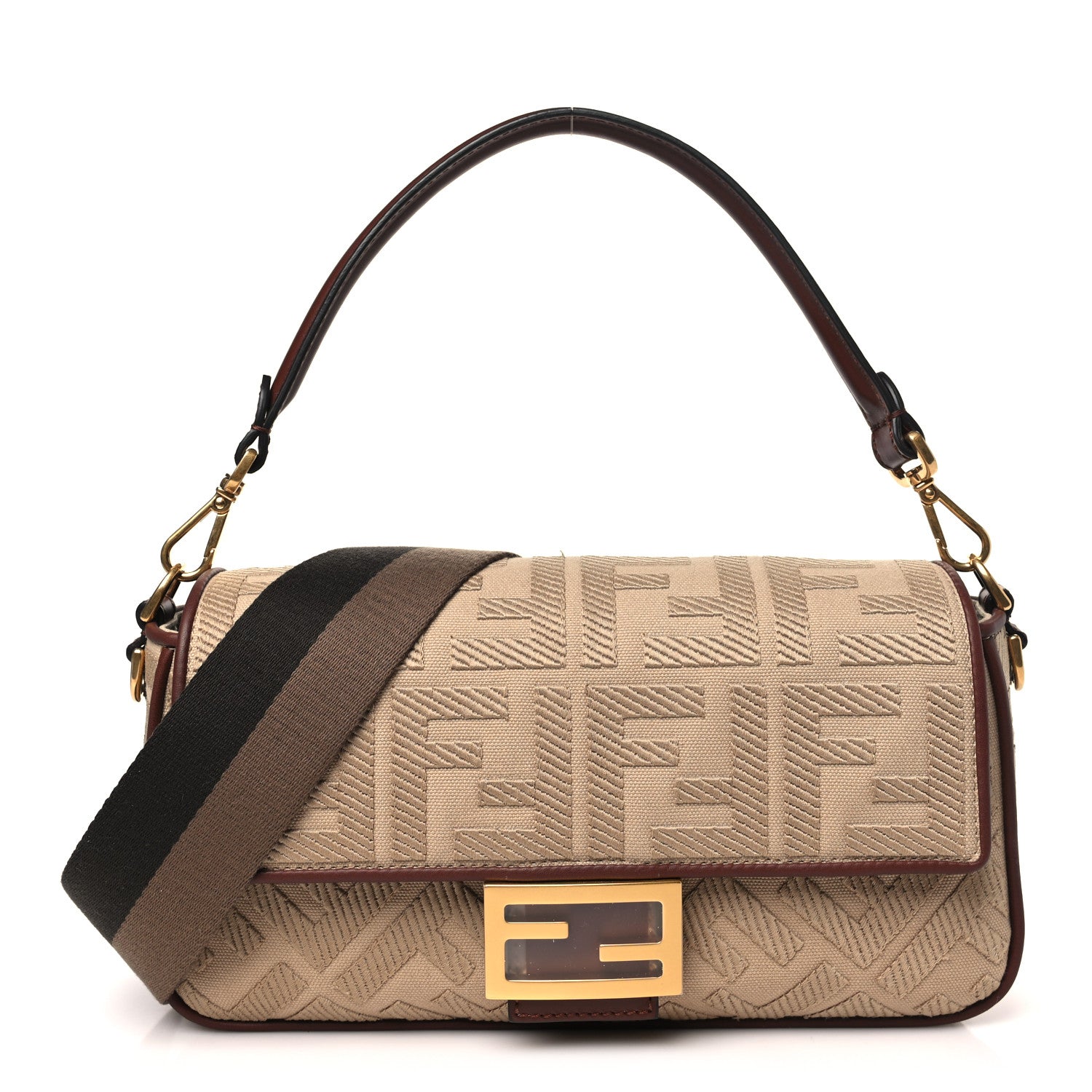 Fendi Sardinian Jacquard Vitello King FF 1974 Embroidered Baguette Corda Praline 1 of 11