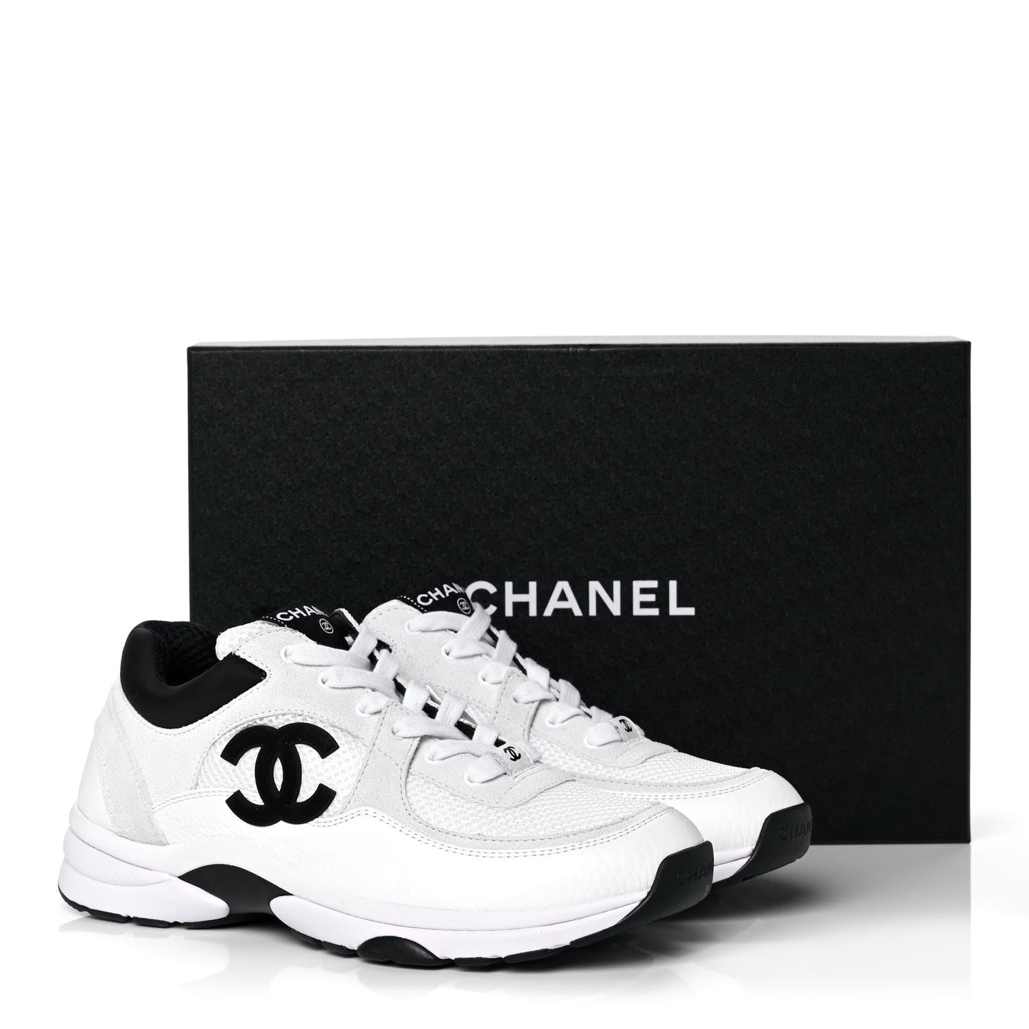 Chanel Mesh Suede Calfskin Grained Calfskin Womens CC Sneakers 39 White Black 10 of 10