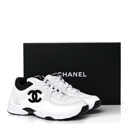 Chanel Mesh Suede Calfskin Grained Calfskin Womens CC Sneakers 39 White Black 10 of 10