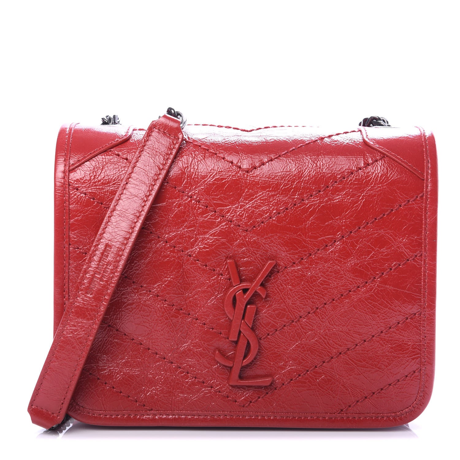 Saint Laurent Crinkled Calfskin Matelasse Monogram Niki Chain Wallet Red 1 of 8