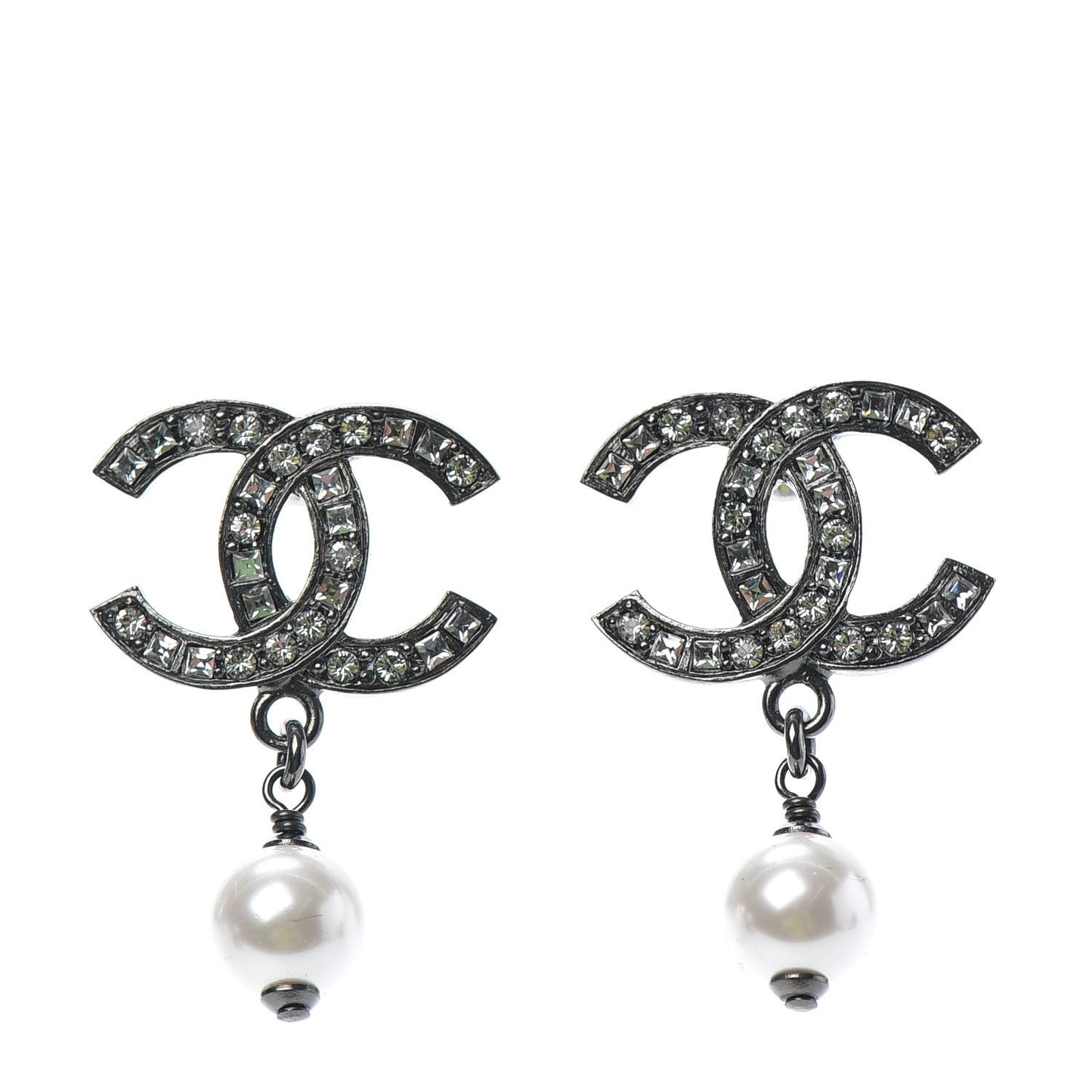 Baguette Crystal Pearl CC Drop Earrings Ruthenium
