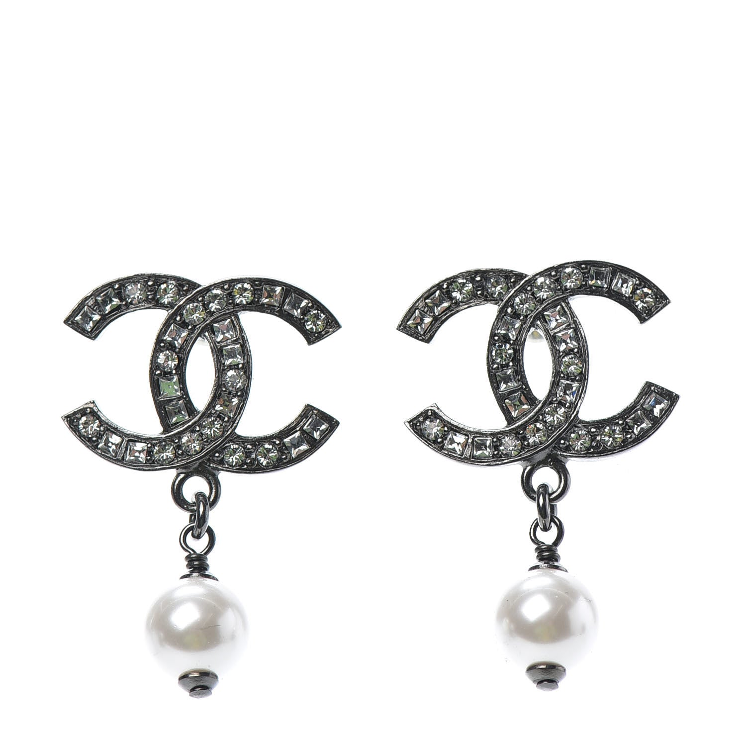 Chanel Baguette Crystal Pearl CC Drop Earrings Ruthenium 1 of 4