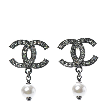 Chanel Baguette Crystal Pearl CC Drop Earrings Ruthenium 1 of 4