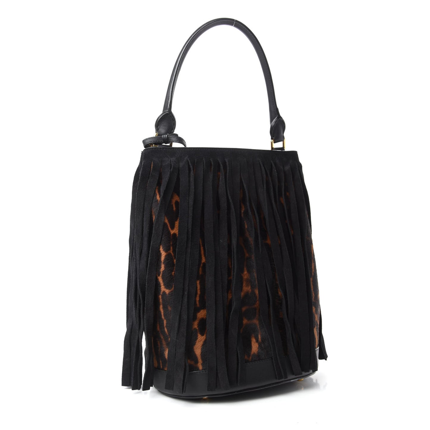 Prorsum Suede Calf Hair Animal Print Fringe Bucket Bag Dark Camel