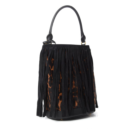 Burberry Prorsum Suede Calf Hair Animal Print Fringe Bucket Bag Dark Camel 4 of 10