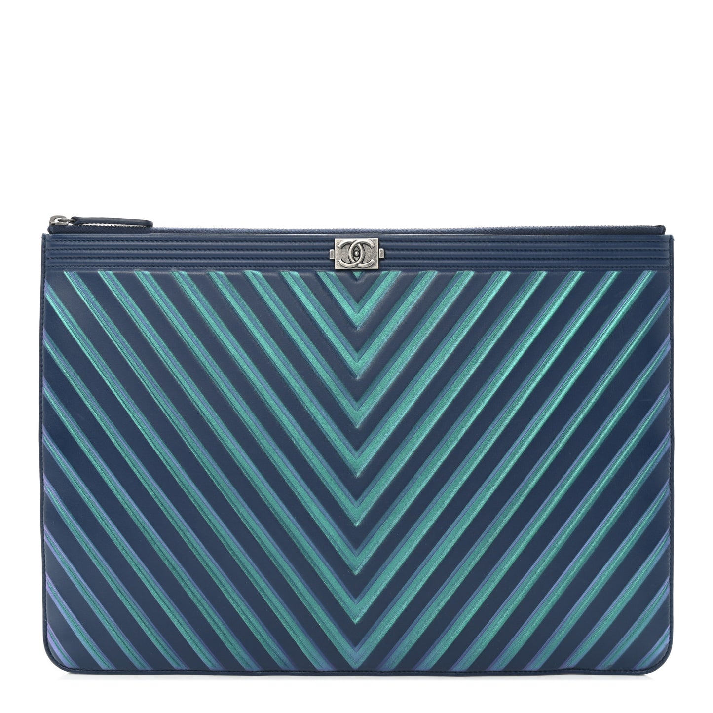 Calfskin Painted Chevron Embossed Large Boy Zip Pouch Green Navy