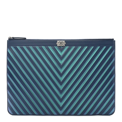 Chanel Calfskin Painted Chevron Embossed Large Boy Zip Pouch Green Navy 1 of 5