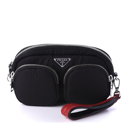 Prada Tessuto Nylon Double Pocket Wristlet Pouch Black Fuoco 1 of 9