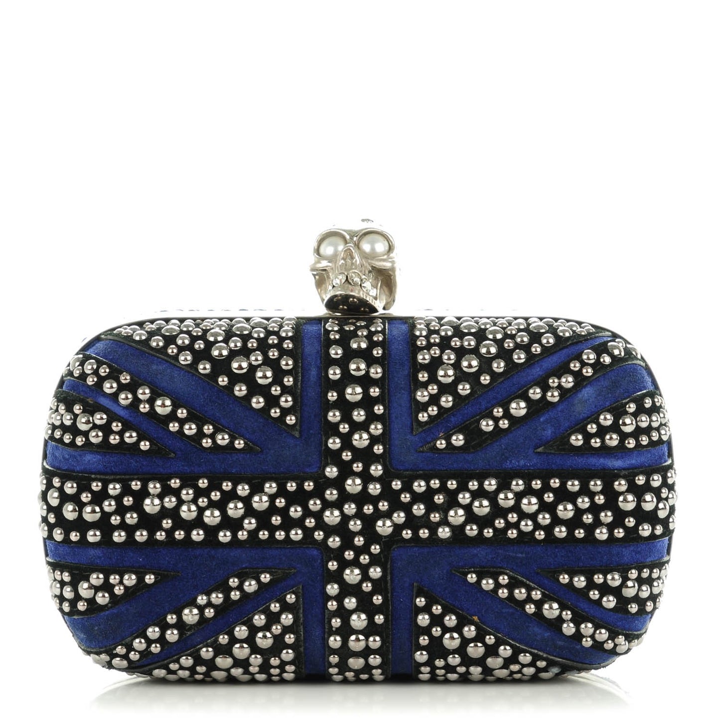 Suede Studded Britannia Skull Box Clutch Blue Black
