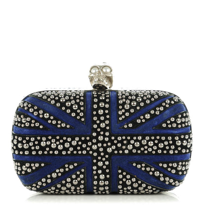 Alexander McQueen Suede Studded Britannia Skull Box Clutch Blue Black 1 of 9