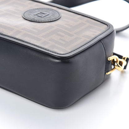 Fendi Glazed Fabric Vitello Century FF 1974 Stamp Patch Mini Camera Case Mogano Panna Black 9 of 9