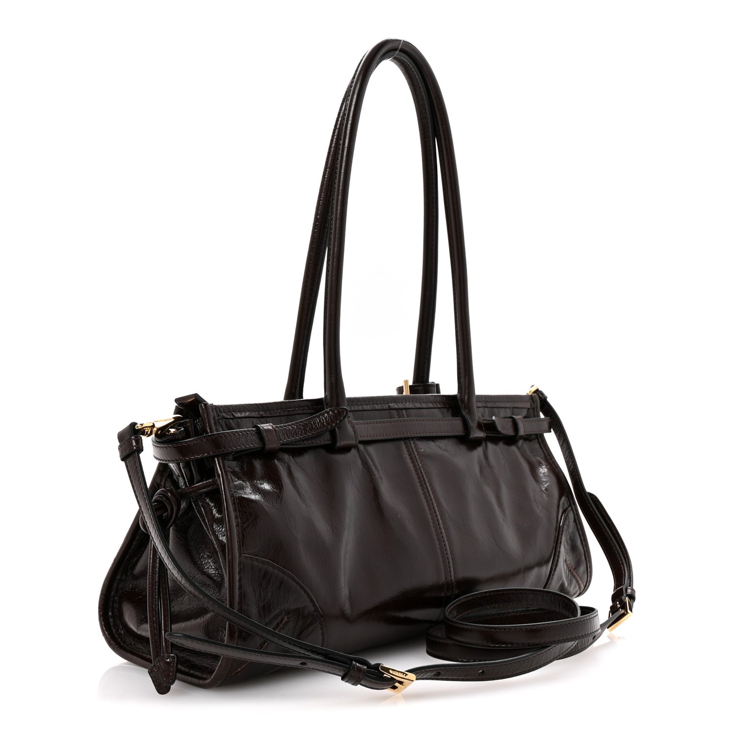 Glossy Calfskin Triangle Medium Bonnie Shoulder Bag Dark Brown