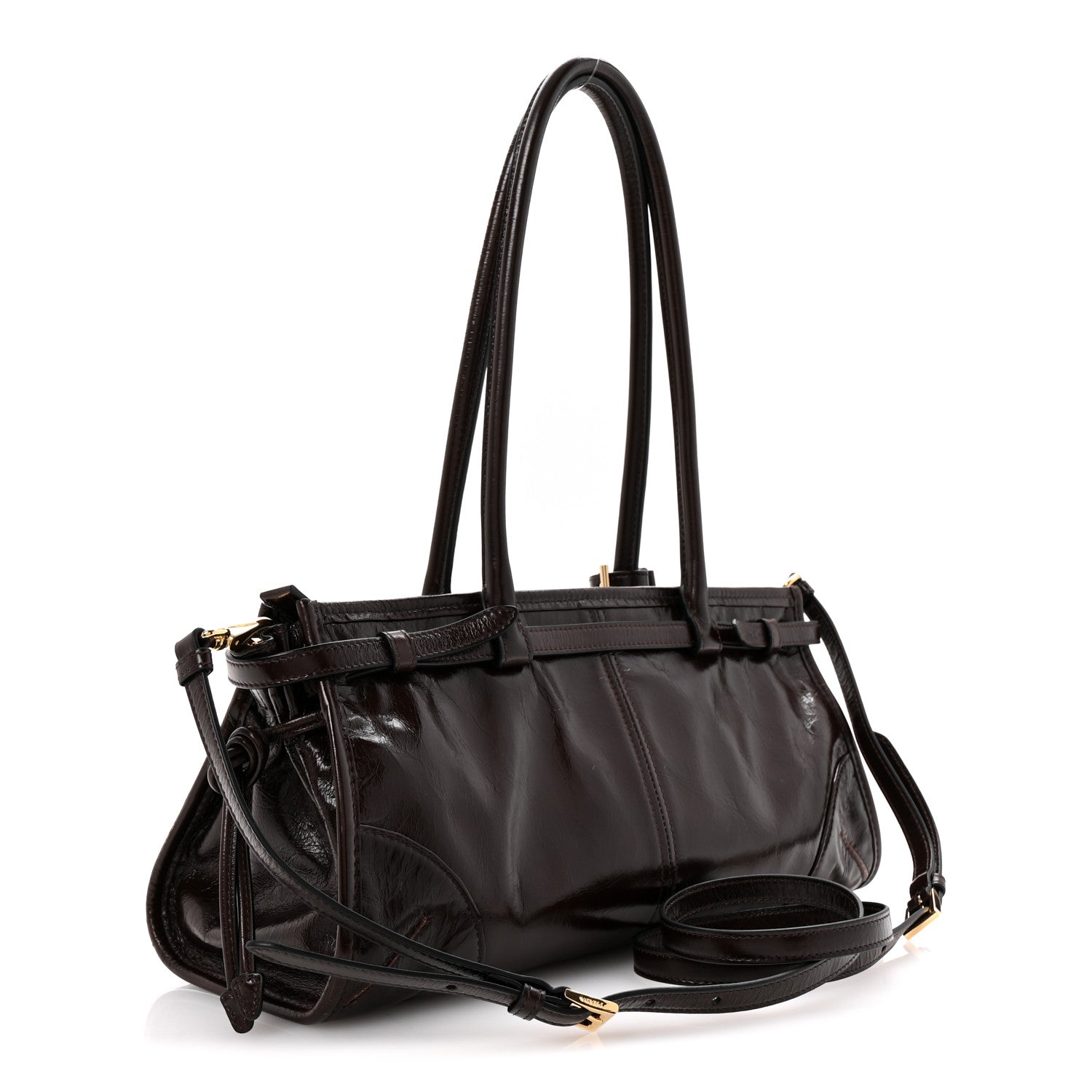 Prada Glossy Calfskin Triangle Medium Bonnie Shoulder Bag Dark Brown 5 of 21