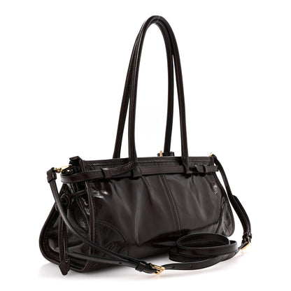 Prada Glossy Calfskin Triangle Medium Bonnie Shoulder Bag Dark Brown 5 of 21