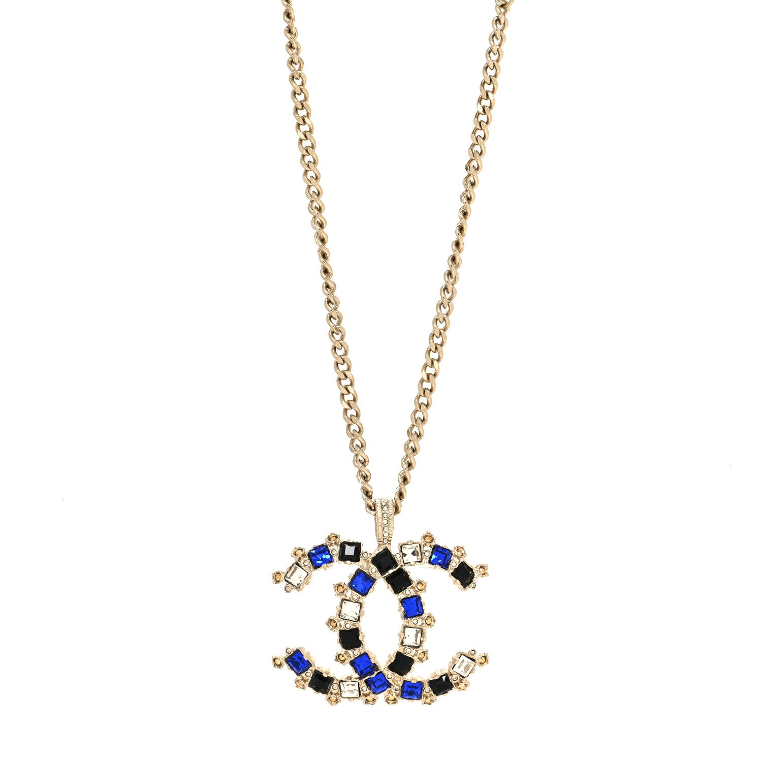 Chanel Crystal CC Pendant Necklace Gold Blue 1 of 5