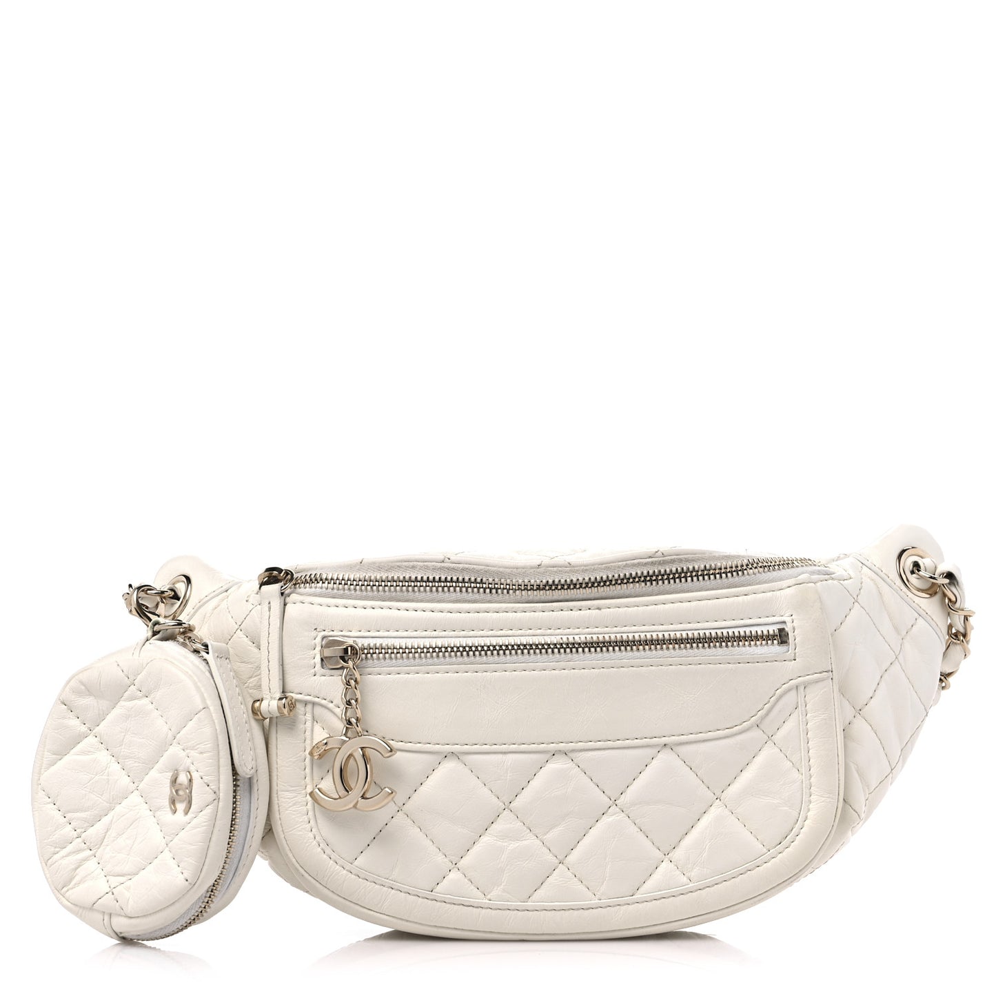 Aged Calfskin Quilted Waist Belt Bag White