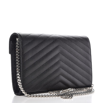 Saint Laurent Grain De Poudre Matelasse Chevron Monogram Chain Wallet Black 3 of 7