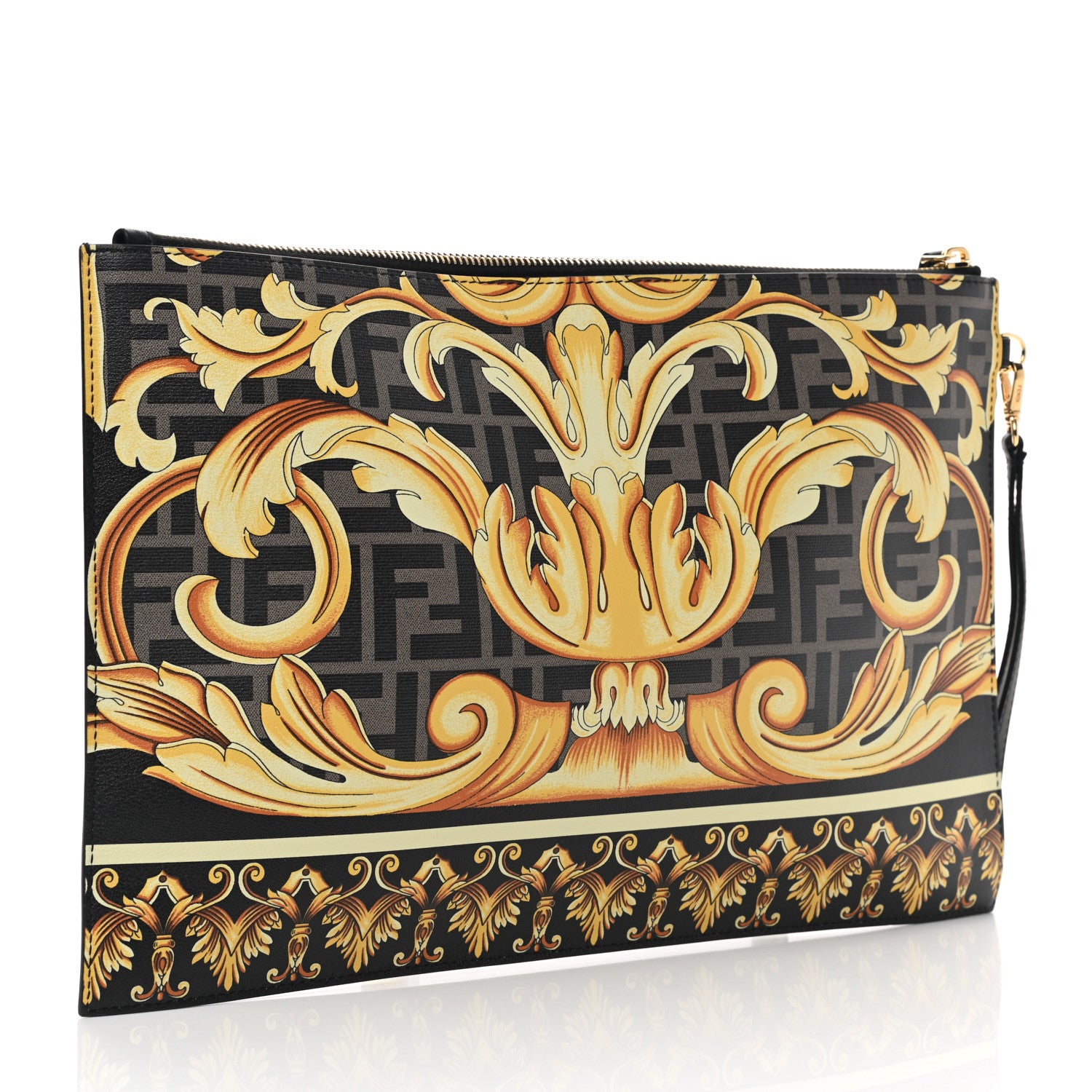 Fendi X VERSACE Vitello Grace Catalan Mirror Fendace FF Baroque Logo Large Flat Pouch Tobacco Gold 3 of 6
