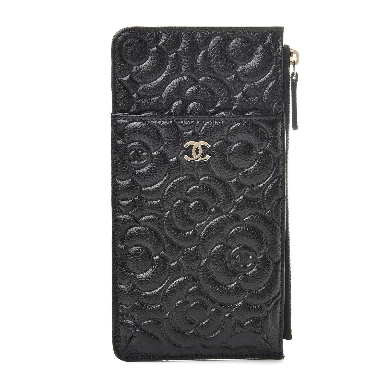 Chanel Caviar Camellia Embossed Classic Flat Wallet Pouch Black 1 of 8