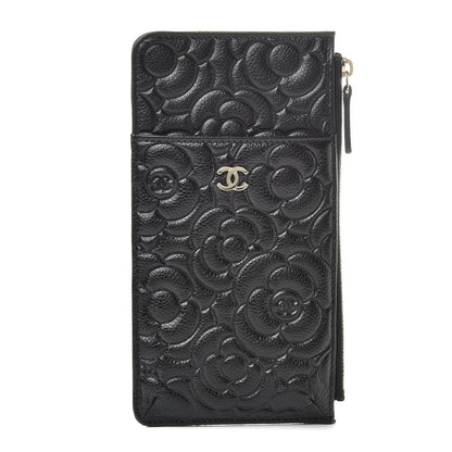 Chanel Caviar Camellia Embossed Classic Flat Wallet Pouch Black 1 of 8