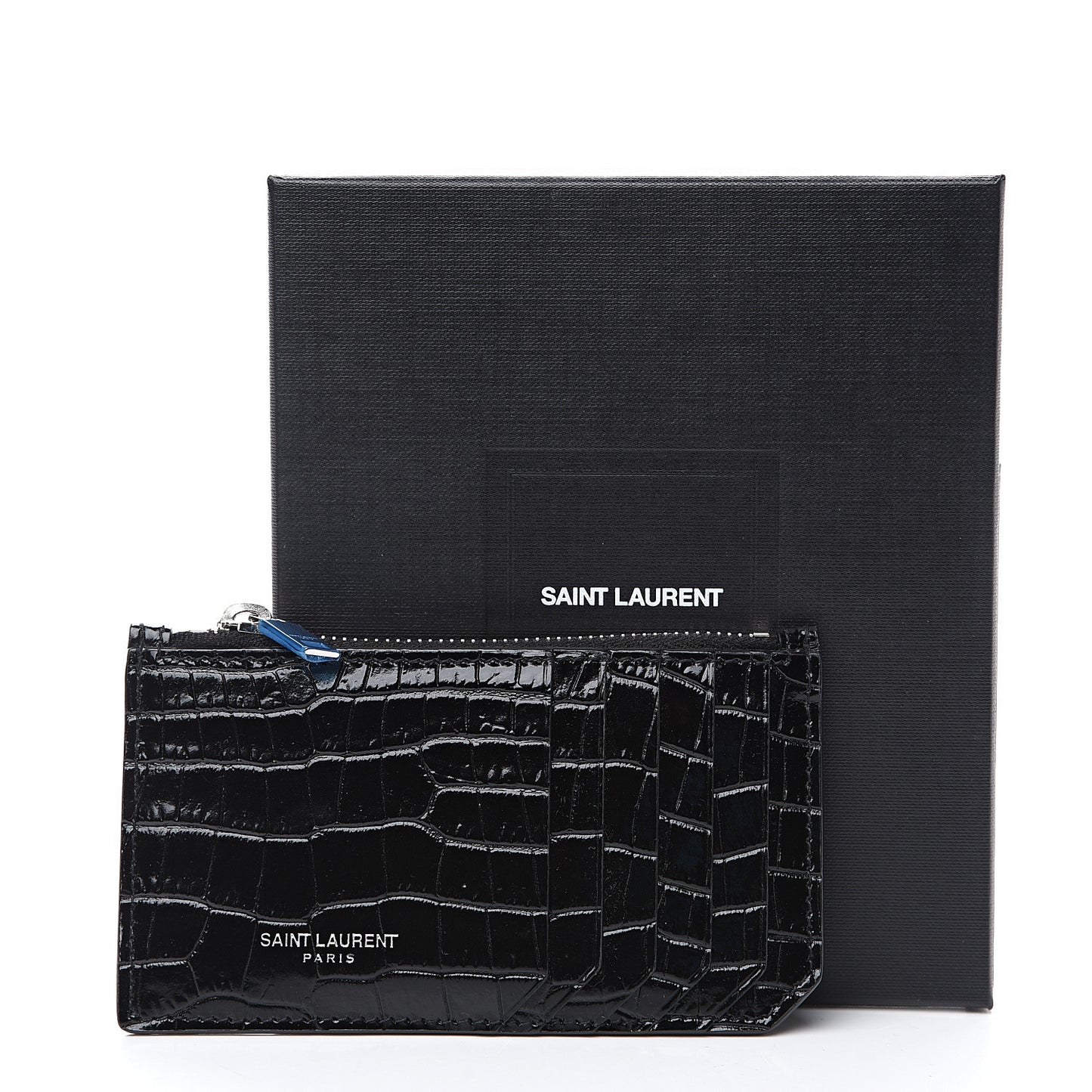 Calfskin Crocodile Embossed 5 Fragments Zip Card Holder Black