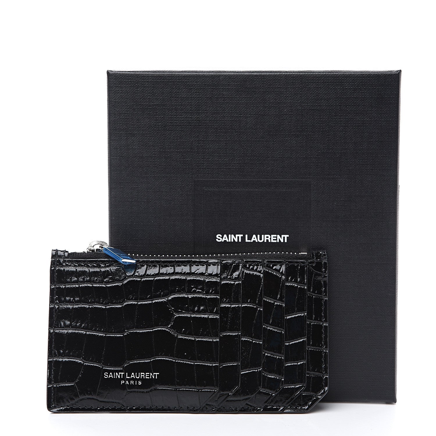 Saint Laurent Calfskin Crocodile Embossed 5 Fragments Zip Card Holder Black 6 of 6