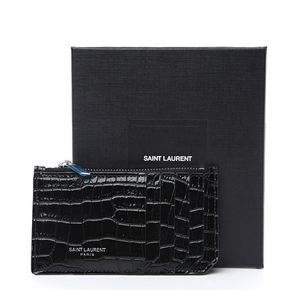 Saint Laurent Calfskin Crocodile Embossed 5 Fragments Zip Card Holder Black 6 of 6