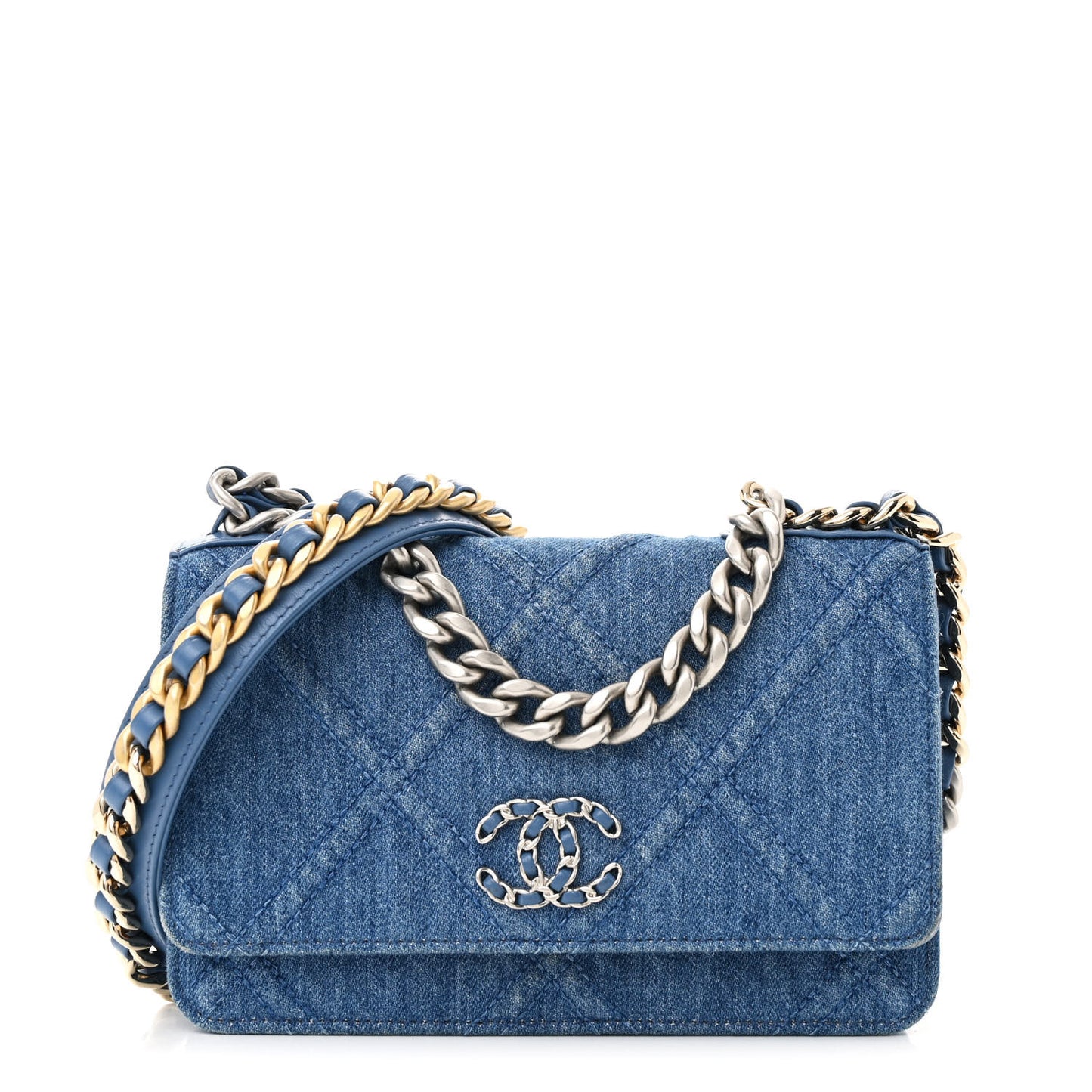 Denim Quilted Chanel 19 Wallet On Chain WOC Blue