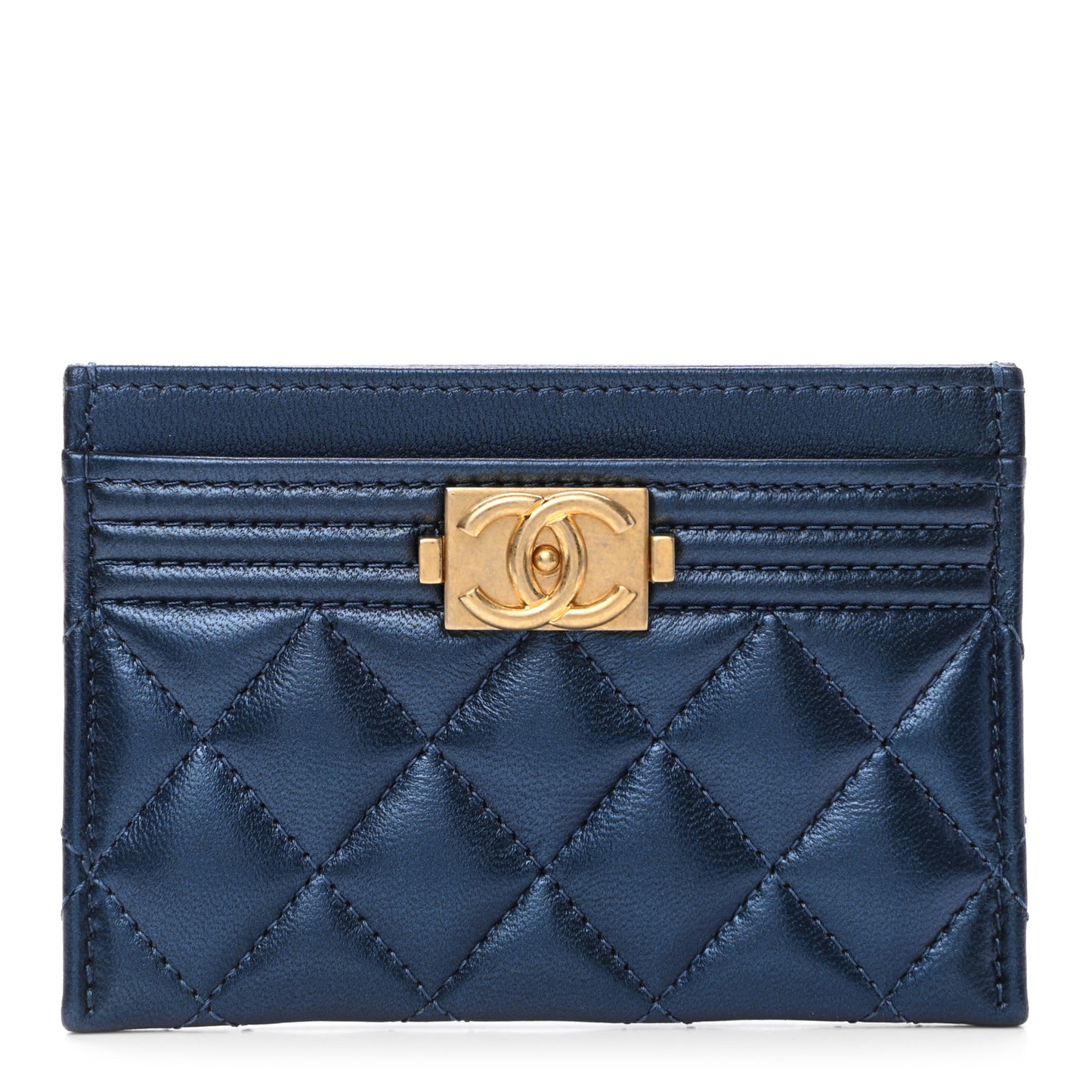 Metallic Lambskin Quilted Boy Card Holder Blue