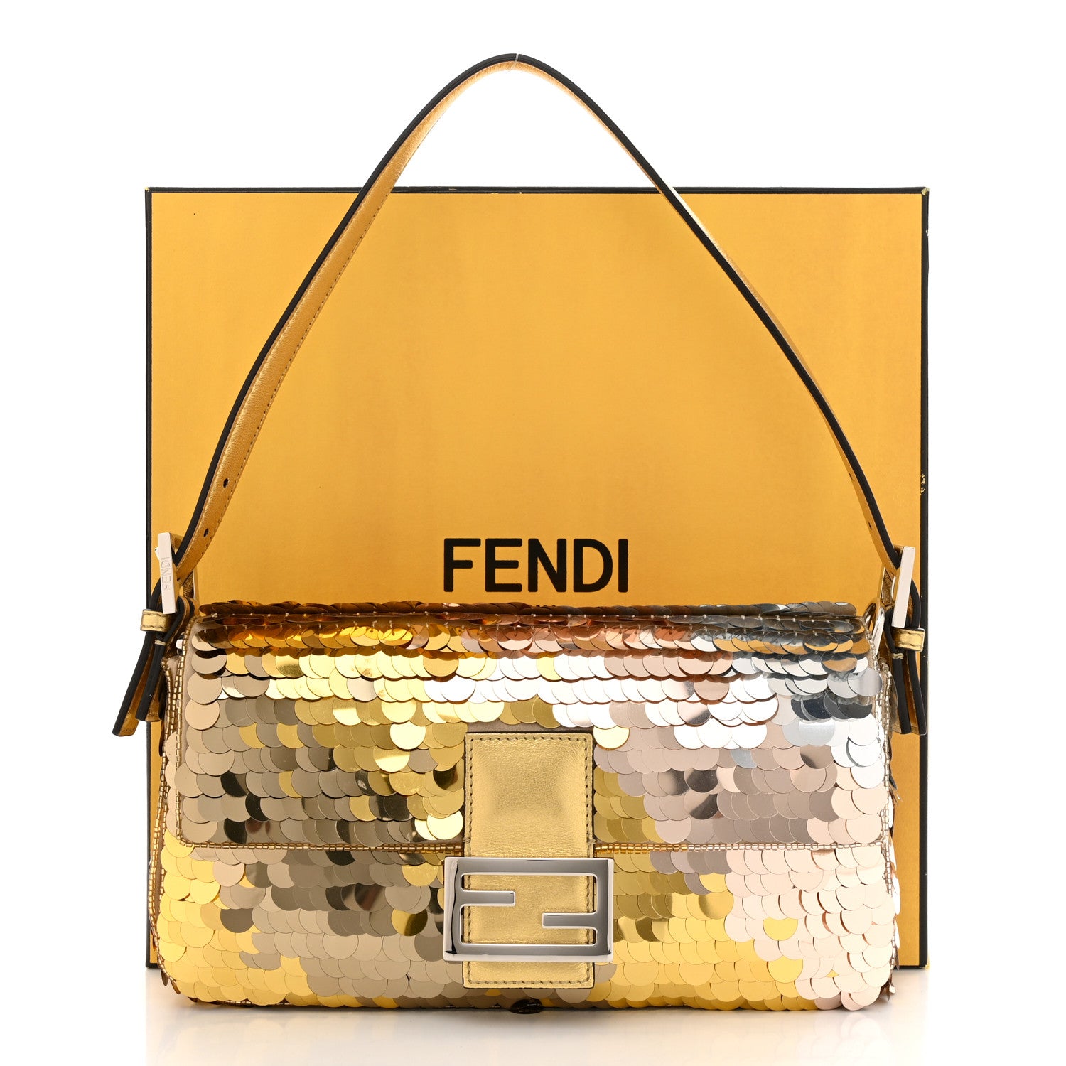 Fendi Sequin Paillettes Vitello Laminato Striped Baguette 1997 Oro Sfumato 11 of 11