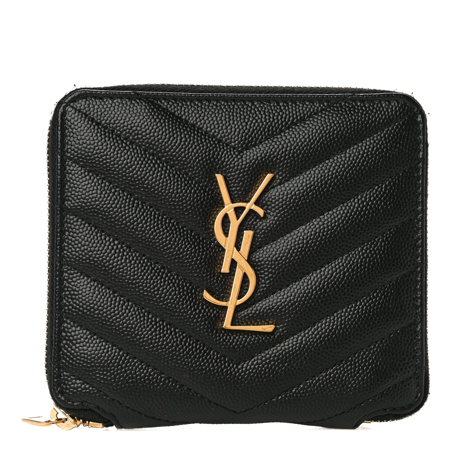 Saint Laurent Grain De Poudre Matelasse Chevron Monogram Compact Zip Around Wallet Black 1 of 21