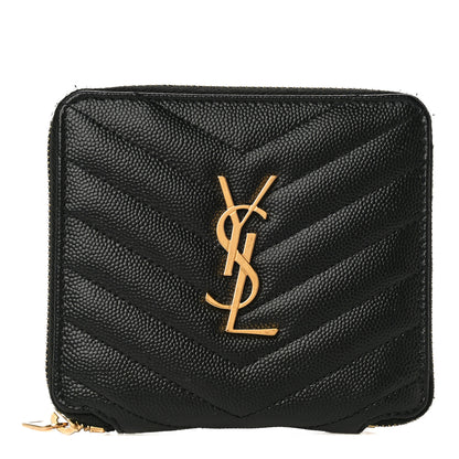 Saint Laurent Grain De Poudre Matelasse Chevron Monogram Compact Zip Around Wallet Black 1 of 21