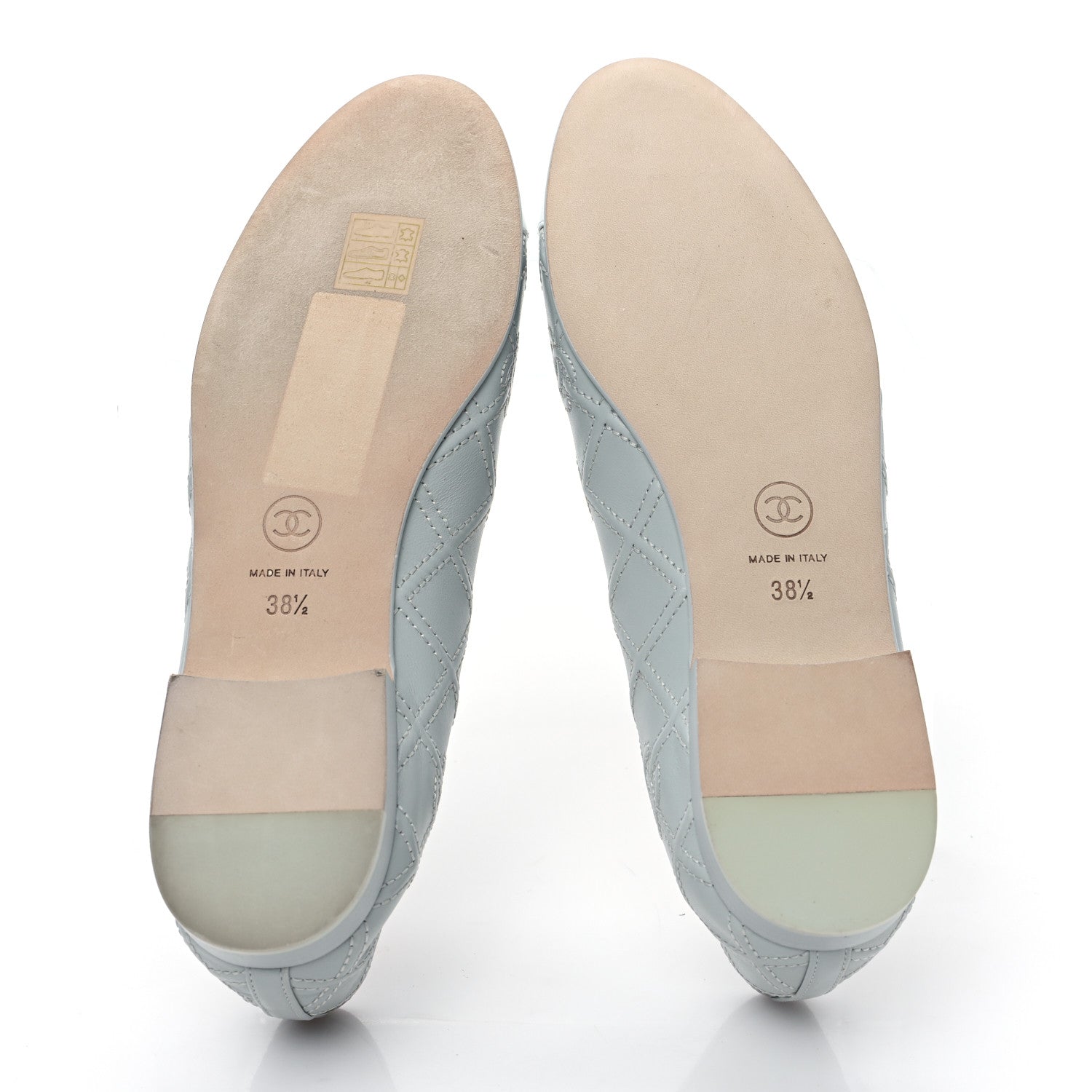 Chanel Lambskin Patent Double Stitched CC Cap Toe Ballerina Flats 38.5 Light Blue White 5 of 8