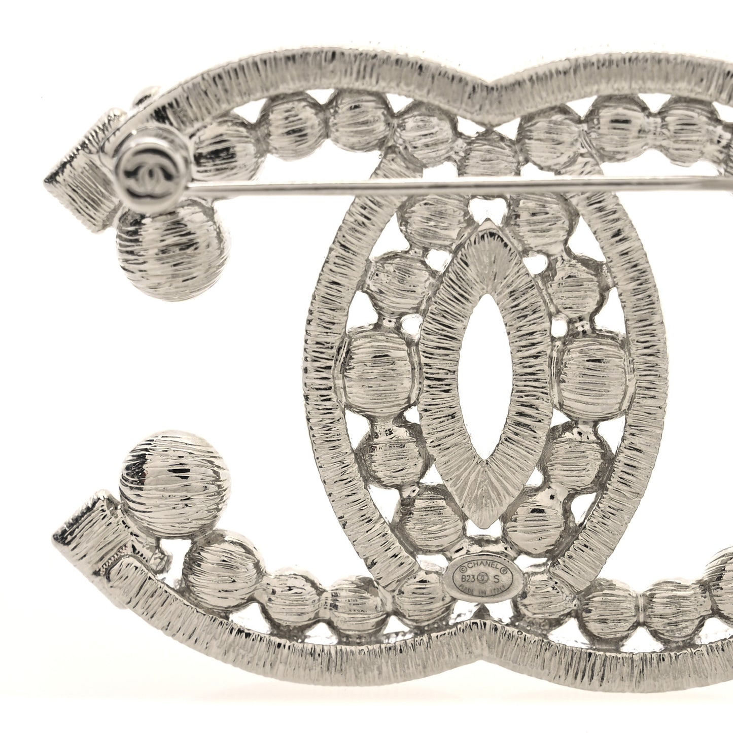 Metal Crystal CC Brooch Silver