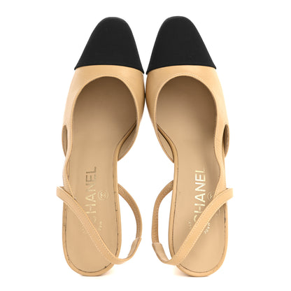 Chanel Goatskin Grosgrain Cap Toe CC Slingback Pumps 37.5 Beige Black 2 of 10