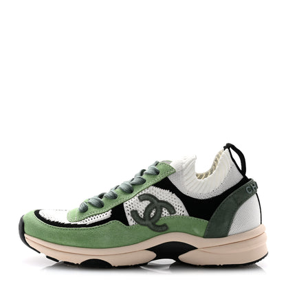 Chanel Knit Suede Fabric Womens CC Sneakers 37 Green Dark Green White Black 1 of 9
