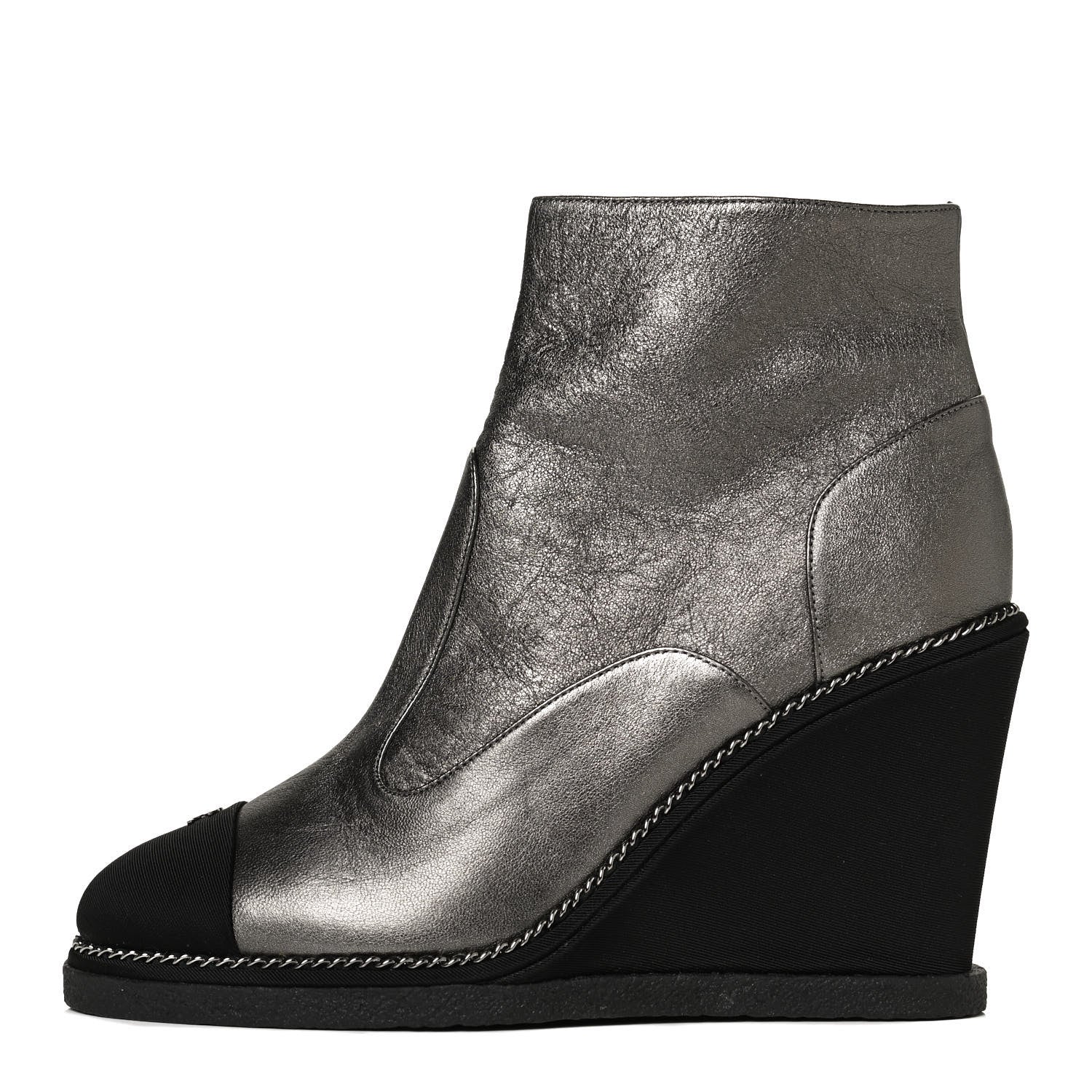 Chanel Metallic Lambskin Grosgrain Cap Toe Wedge Boots 37 Silver Black 1 of 9