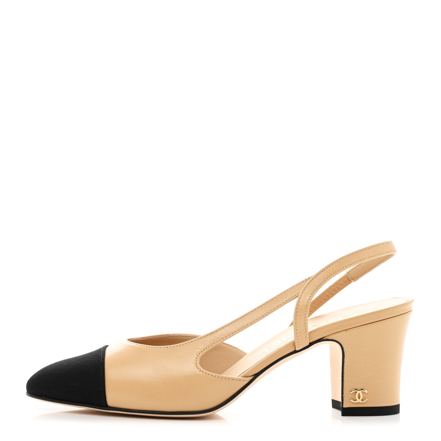 Goatskin Grosgrain Cap Toe CC Slingback Pumps 36.5 Beige Black