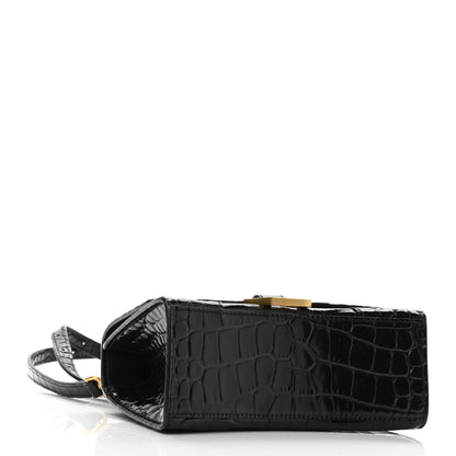 Balenciaga Shiny Calfskin Crocodile Embossed Hourglass Top Handle Bag XS Black 4 of 10