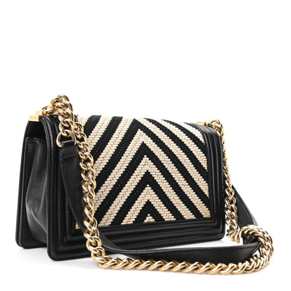 Chanel Fabric Chevron Braided Medium Boy Flap Black White 3 of 10
