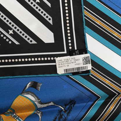 Hermes Silk Couvertures Et Tenues Double Face Scarf 90 Bleu Gold Black 5 of 5