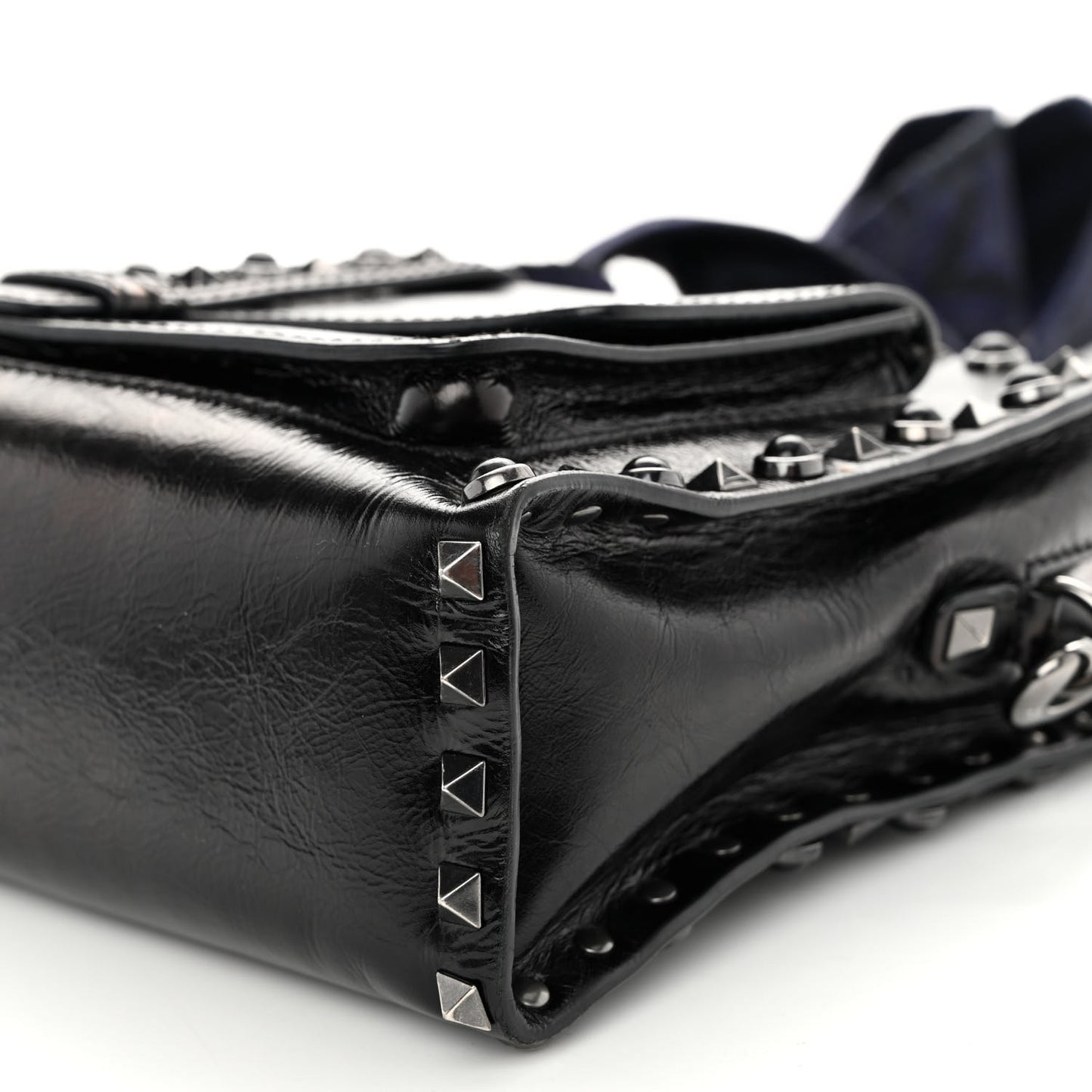 Craquele Calfskin Small Guitar Strap Rockstud Rolling Flap Pocket Shoulder Bag Black