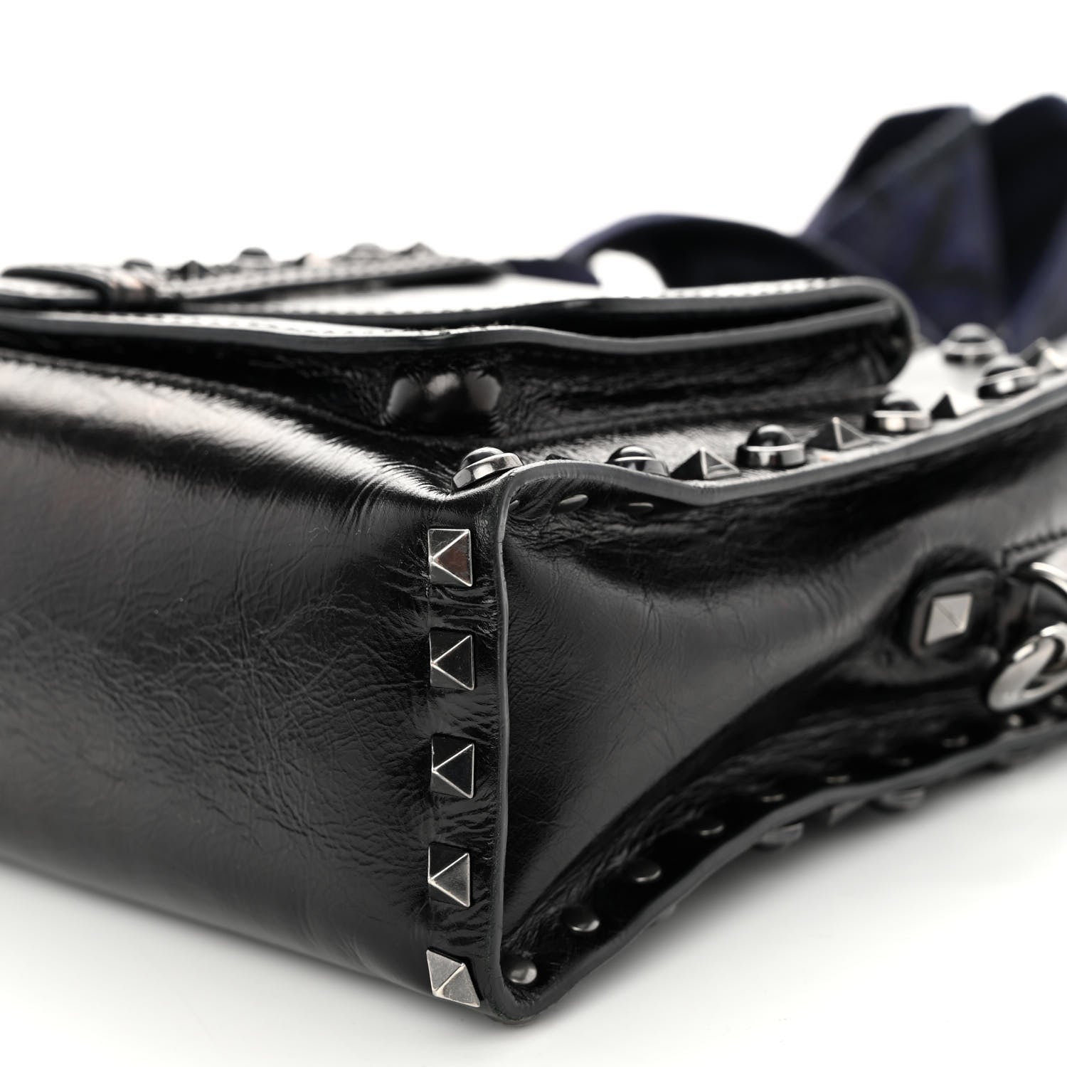 Valentino Garavani Craquele Calfskin Small Guitar Strap Rockstud Rolling Flap Pocket Shoulder Bag Black 9 of 12