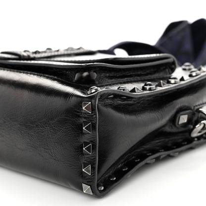 Valentino Garavani Craquele Calfskin Small Guitar Strap Rockstud Rolling Flap Pocket Shoulder Bag Black 9 of 12