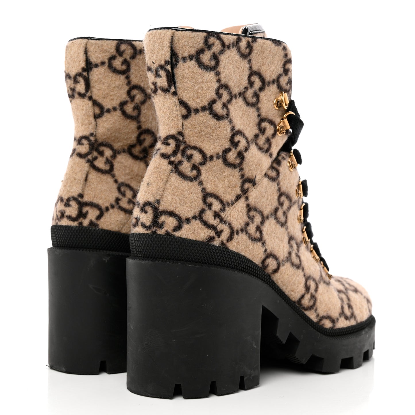 Covered Wool GG Monogram Womens Lace Up Combat Ankle Boots 40 Beige Ebony Black