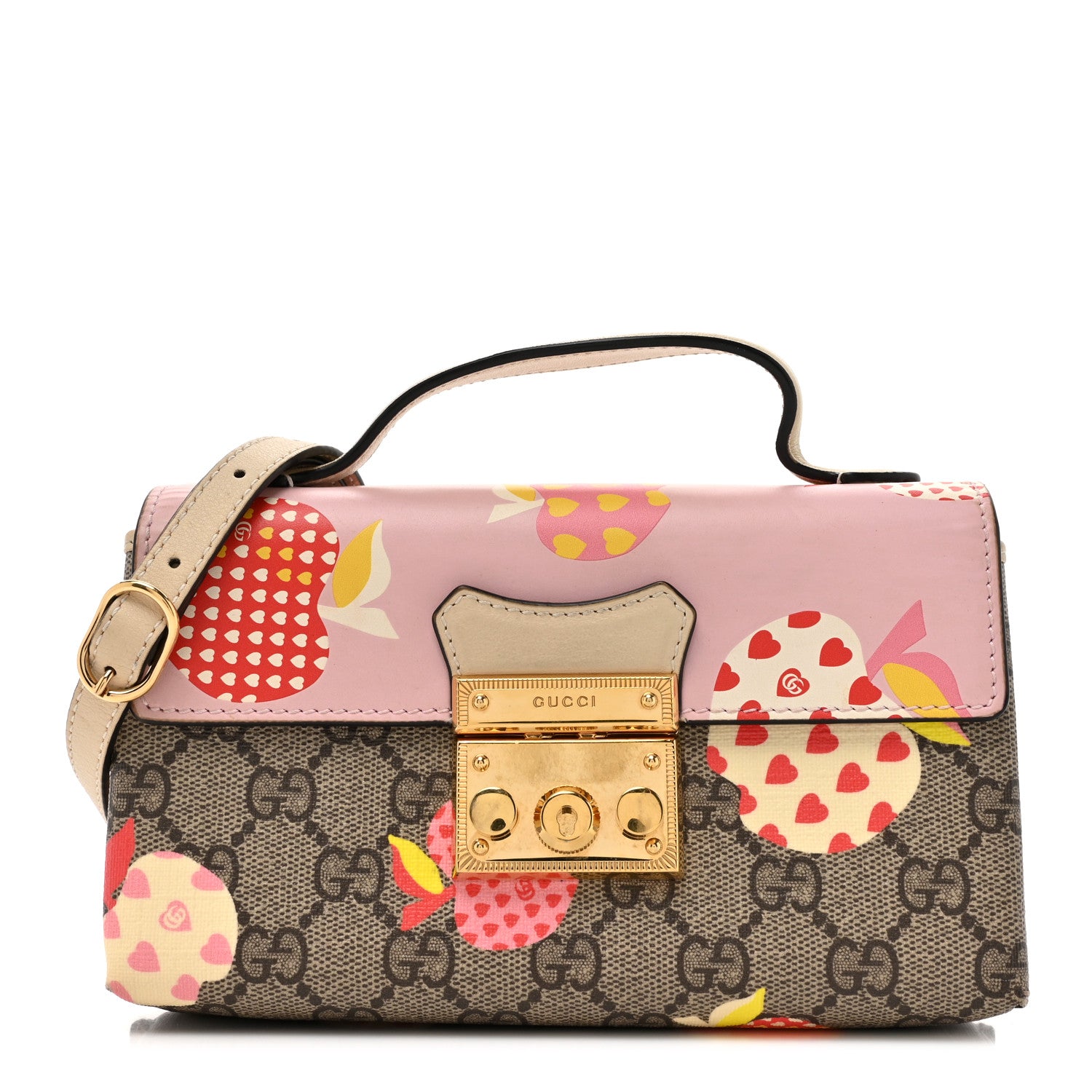 Gucci GG Supreme Monogram Les Pommes Mini Padlock Top Handle Shoulder Bag Beige Ebony Multicolor Cotton Candy Pink 1 of 18