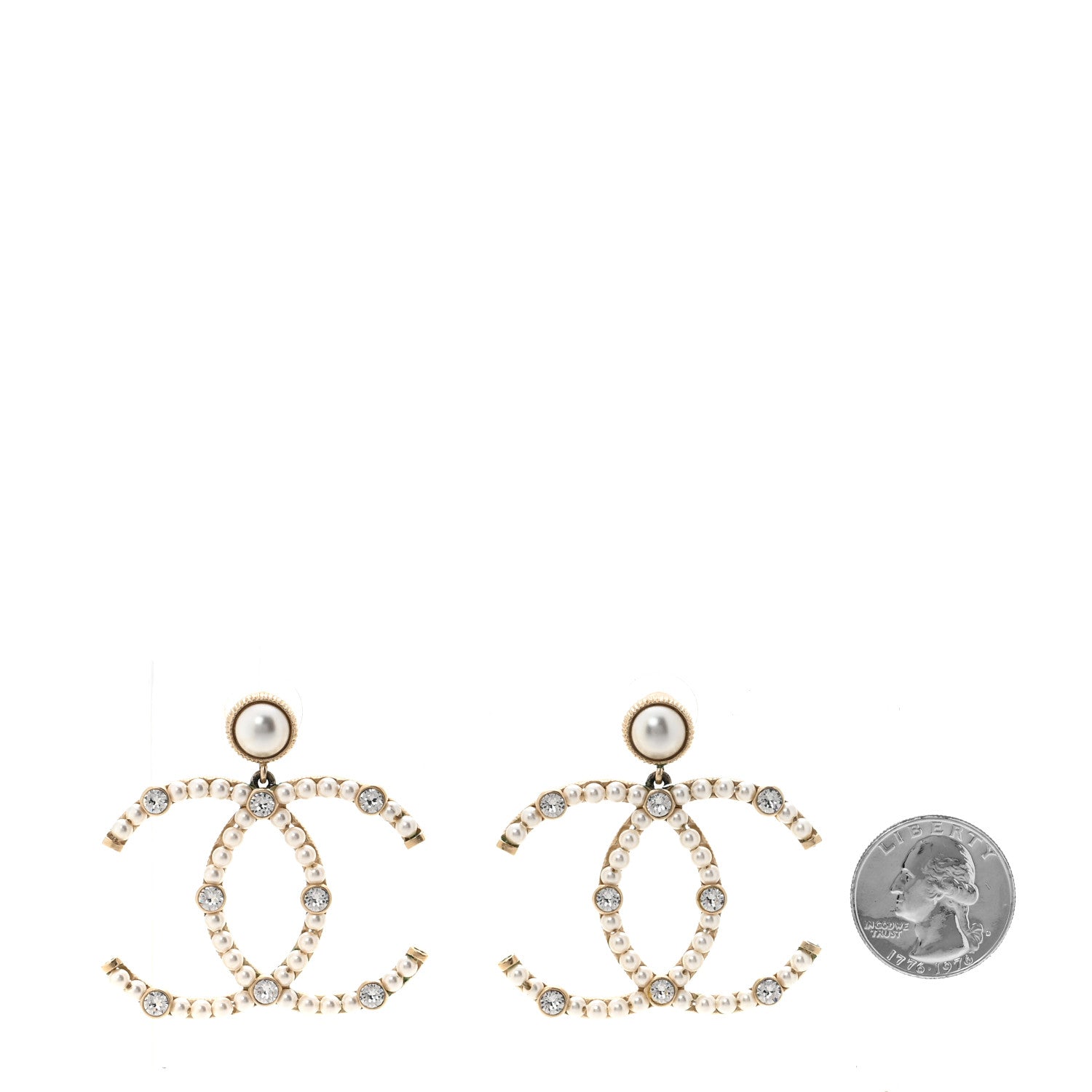 Chanel Metal Crystal Pearl CC Drop Earrings Gold 2 of 5